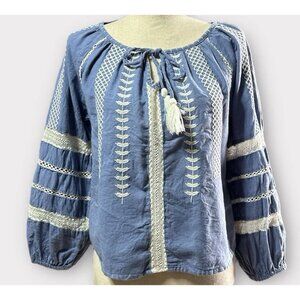 Artelier Nicole Miller Womens Size Small Boho Blouse‎ Cotton Embroidered Blue